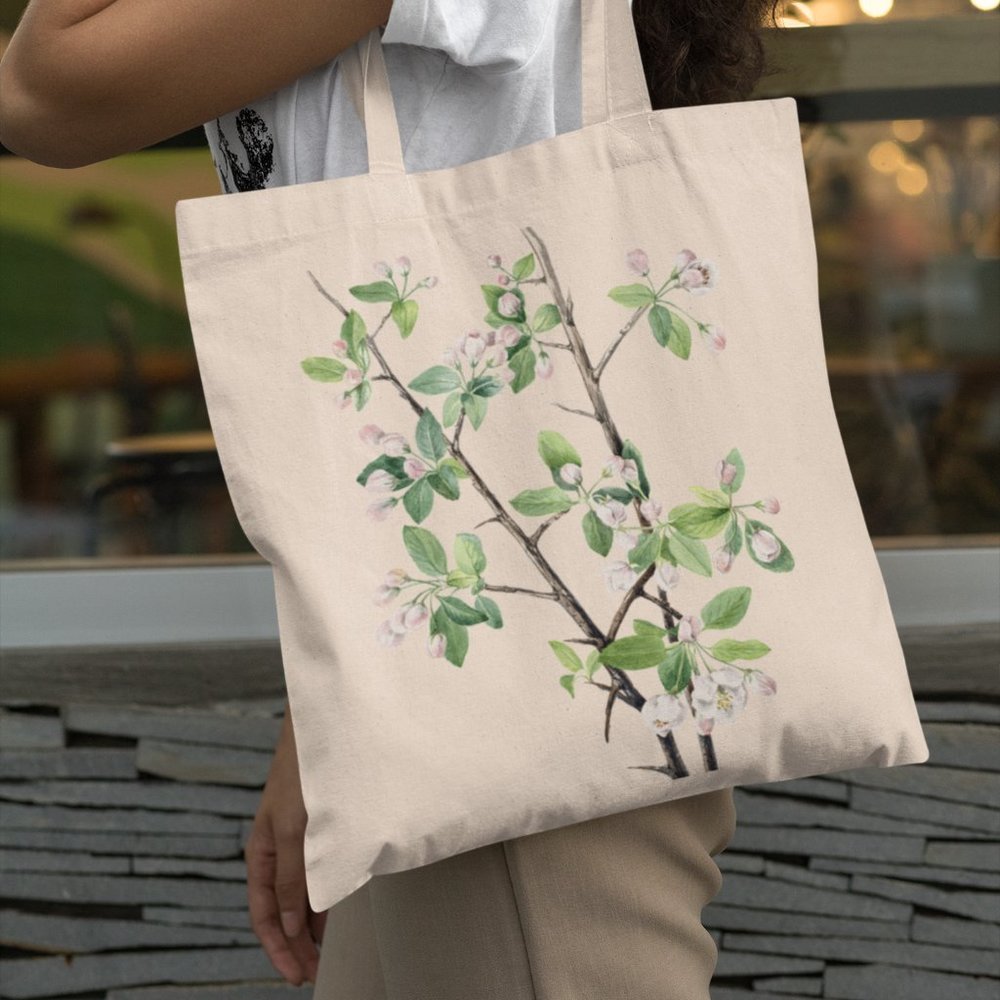 Sweet Crabapple Vintage Watercolor Floral Print Graphic Canvas Tote Bag